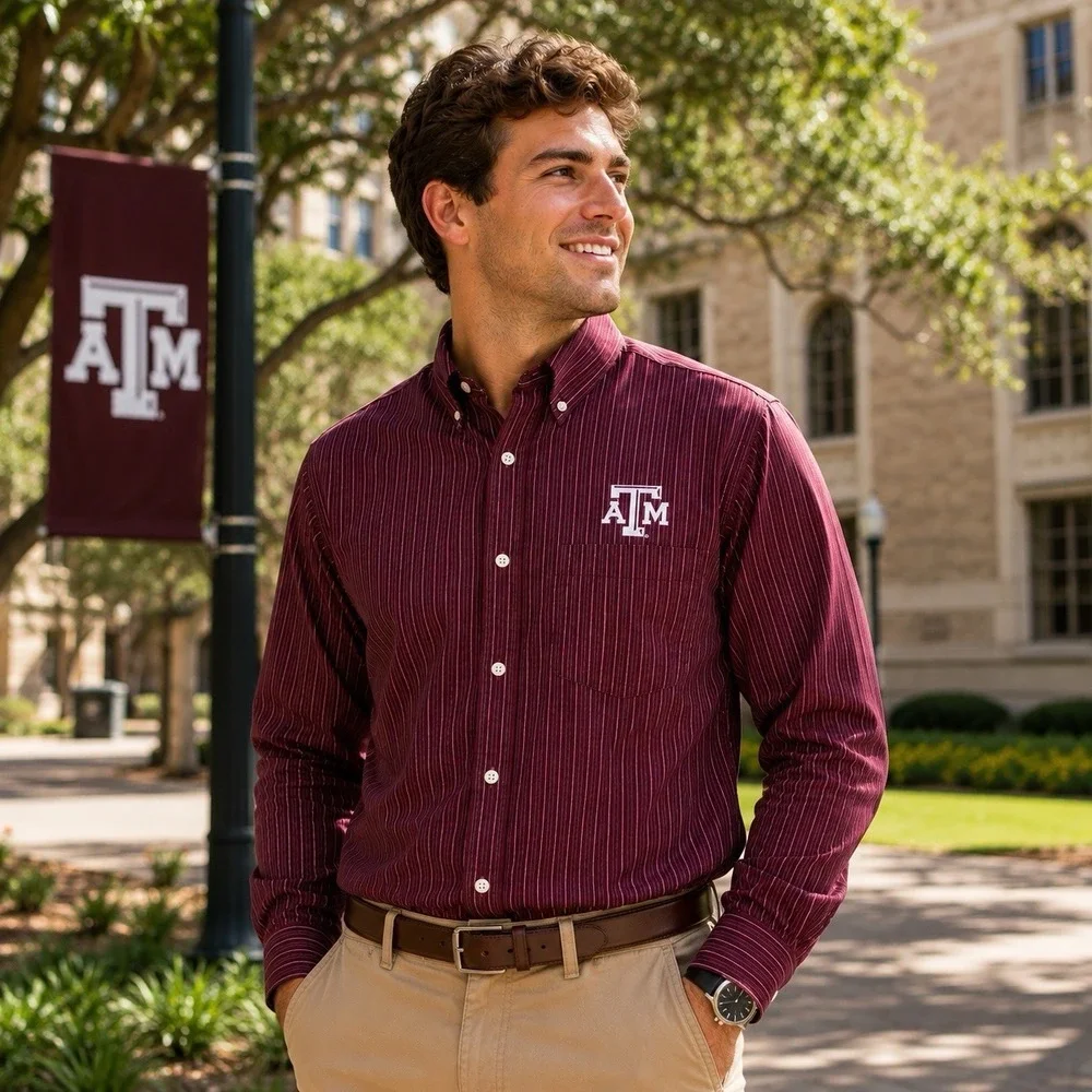 Texas A&M Aggies Antigua Button Down Shirt Men's M Maroon Stripes Long Sleeve - Picture 1 of 14